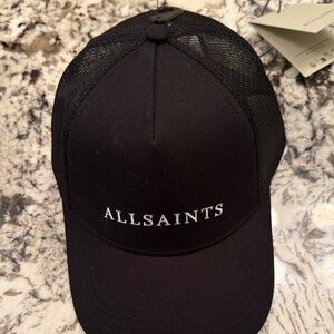 All Saints Black trucker cap with white logo .. nwt
Silver snap back closure